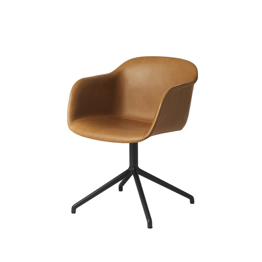 Muuto Fiber armchair Bürostuhl mit drehbarem Gestell Cognac Leder-Schwarzes Gestell