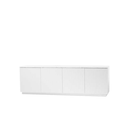 A2 Beam Sideboard Weiß lackiert, weißer Sockel,Deckplatte aus Carrara-Marmor