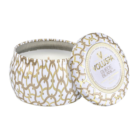 Voluspa Maison Blanc Mini Tin scented 25 hours Suede Blanc