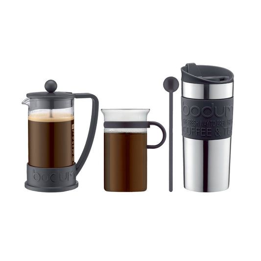 Bodum Kaffeset mit Stempelkanne, Tasse, Reisebecher und Löffel Schwarz