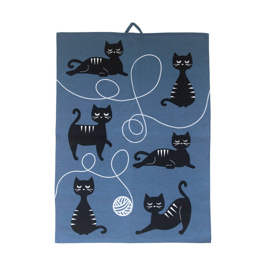 Pluto Design Katzenfamilie Geschirrtuch 50x70 cm Blau-Schwarz-Weiß