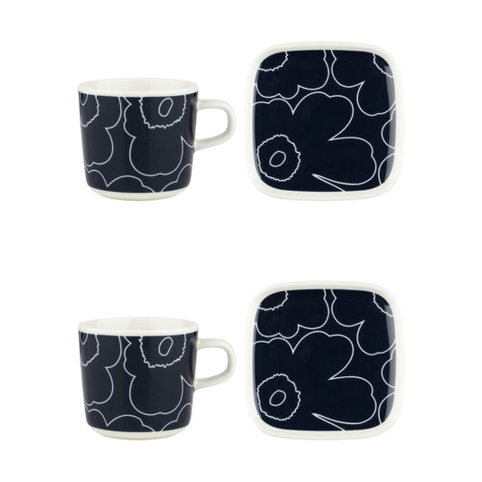 Marimekko Piirto Unikko kopp och fat set 20 cl 4 delar White-dark blue