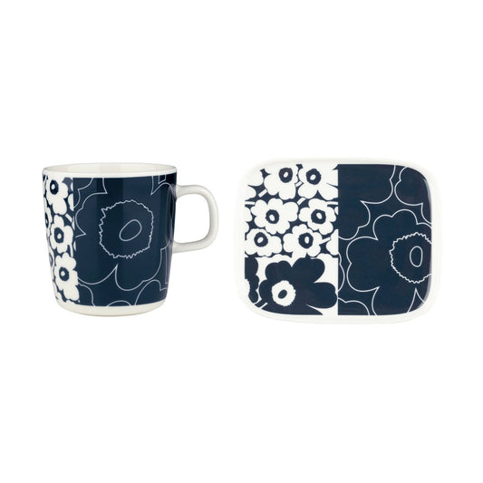 Marimekko Unikko kollaasi bricka + mugg 2 delar White-dark blue