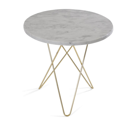 OX Denmarq Tall mini O side table Ø50 H50. brass undercarriage white marble