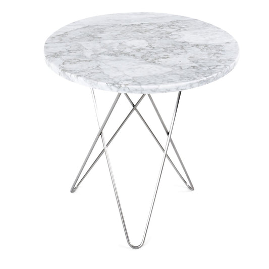 OX Denmarq Tall mini O side table Ø50 H50. stainless steel undercarriage white marble