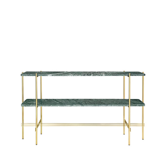 GUBI TS Console Beistelltisch 120x30x72 cm Green guatemala marble, Messinggestell, 2 Marmorplatten