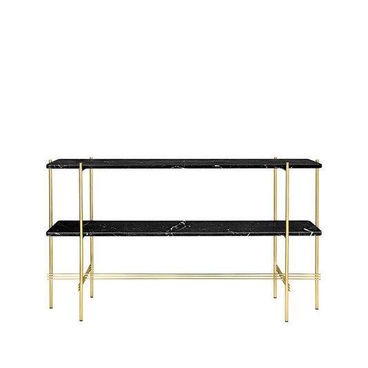 GUBI TS Console avlastningsbord 120x30x72 cm black marquina marble, mässingstativ, 2 marmorhyllor