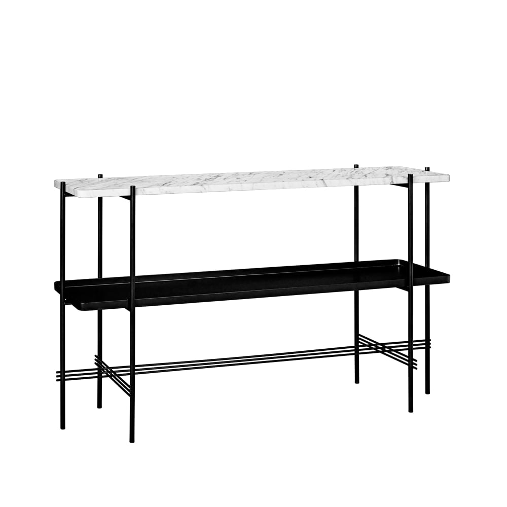 GUBI TS Console avlastningsbord 120x30x72 cm white carrara marble, svart stativ, med bricka