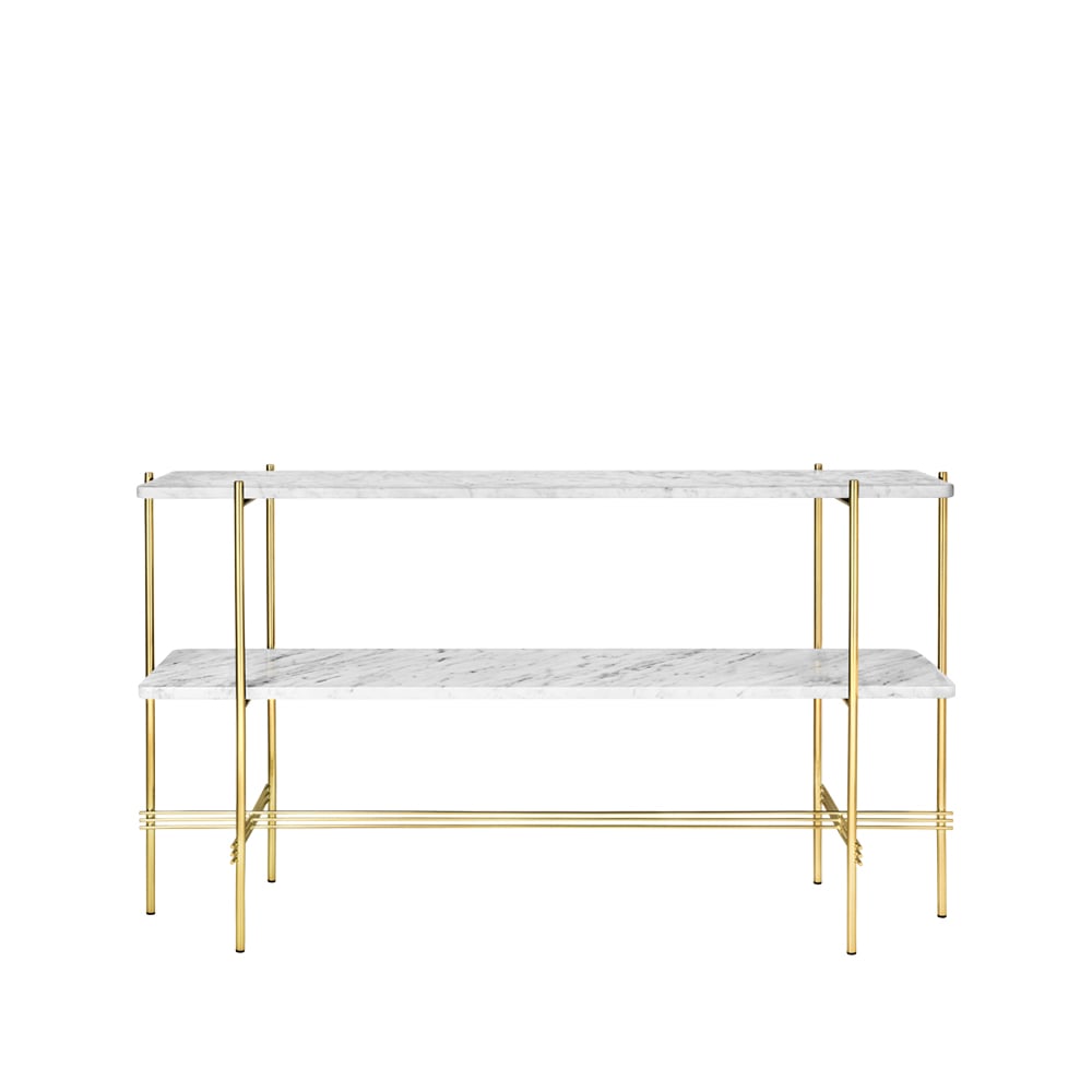 GUBI TS Console avlastningsbord 120x30x72 cm white carrara marble-mässingstativ-2 marmorhyllor