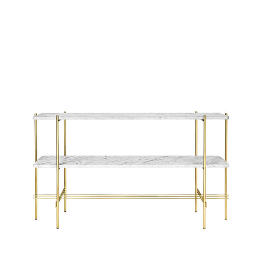 GUBI TS Console avlastningsbord 120x30x72 cm white carrara marble-mässingstativ-2 marmorhyllor