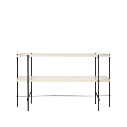 GUBI TS Console Beistelltisch 120x30x72 cm Natural white travertine, Schwarzes Gestell, 2 Marmorplatten