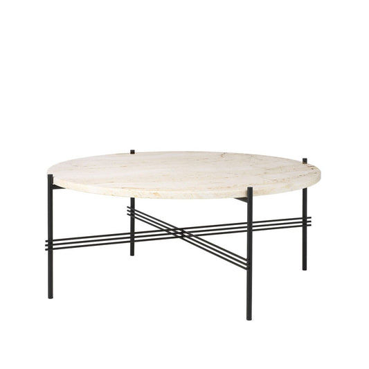 GUBI TS Round Beistelltisch Natural white travertine, ø80, schwarzes Gestell