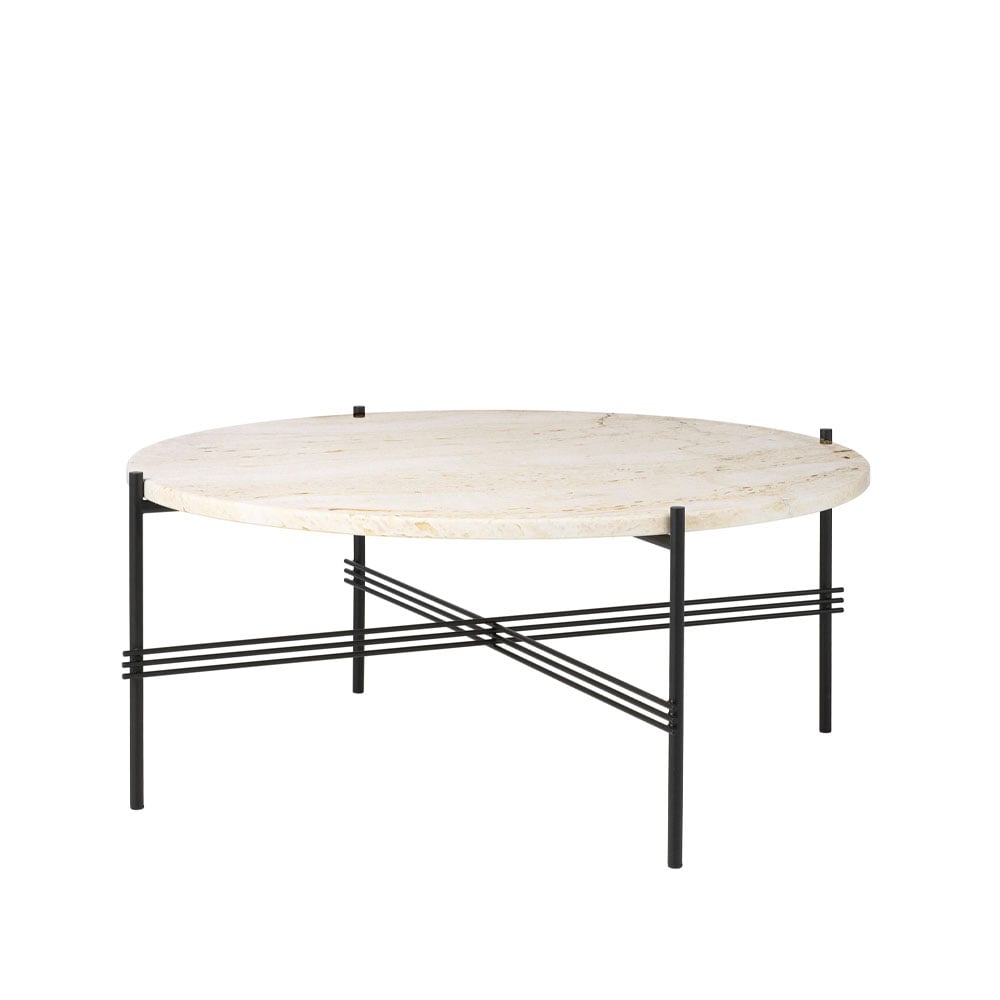 GUBI TS Round Soffbord natural white travertine, ø80, svart stativ